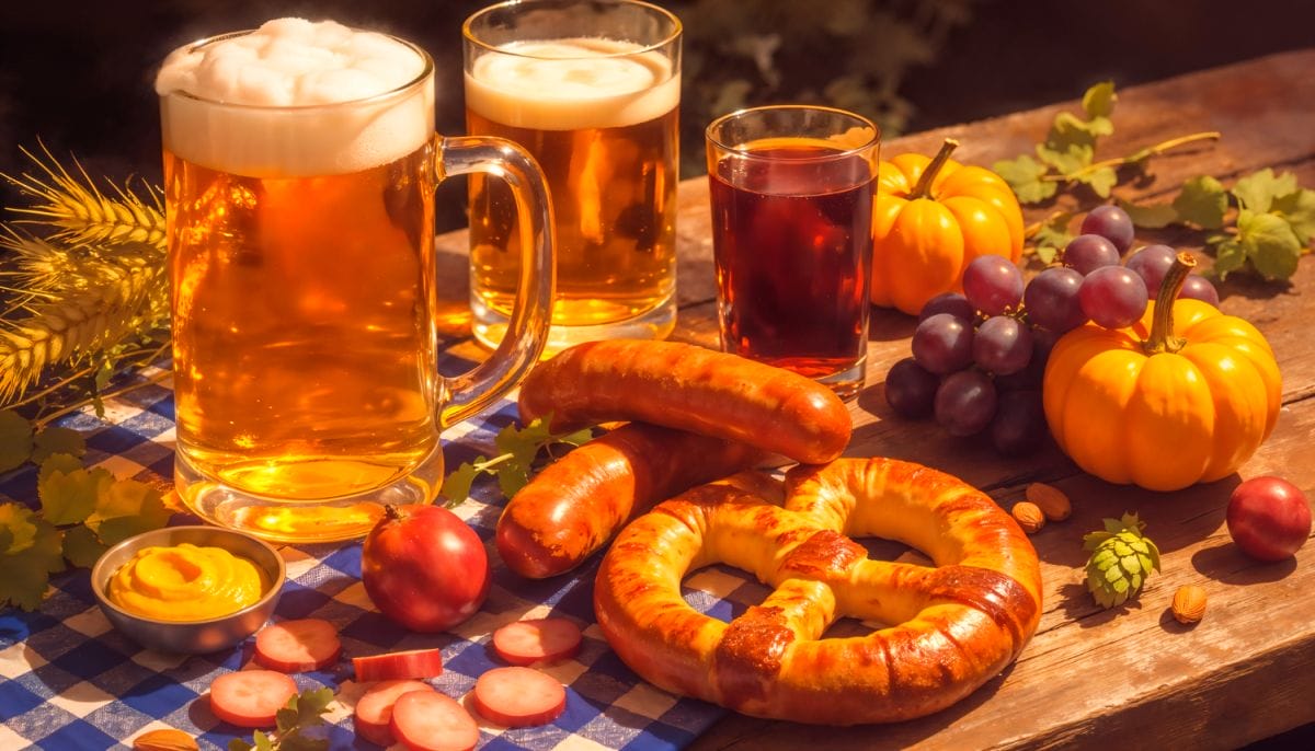 Holztisch mit Bier und typisch bayerischer Jause
