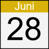 Kalender-Logo: schwarze Ziffern, weißer Grund, Monat oben, weiße Buchstaben, goldener Grund
